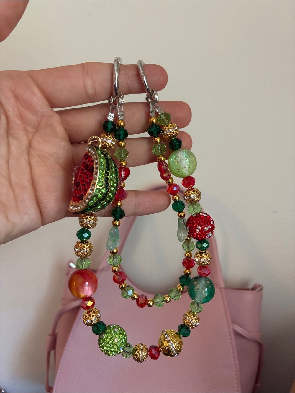 Green and Red Crystal Watermelon Beaded Bag Chain - Picture 2 of 3